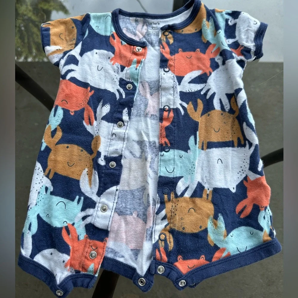 Carter’s Baby Crabs Snap Up Short Sleeve Romper in Navy/White - Size 9 Months